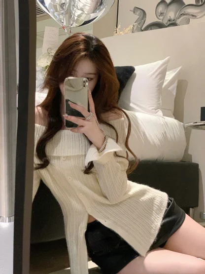 Chic Button-Down Off Shoulder Sweater - Image 4