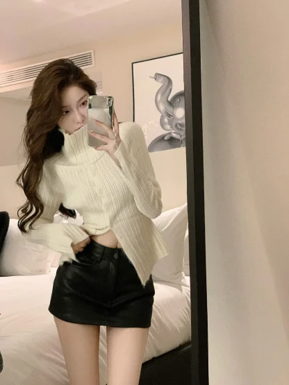 Chic Button-Down Off Shoulder Sweater - Image 5