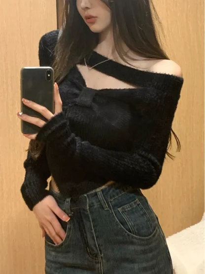 V-Neck Strap Off Shoulder Sweater - Image 2