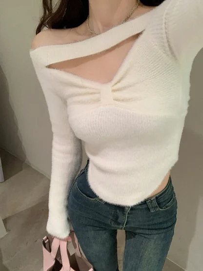 V-Neck Strap Off Shoulder Sweater - Image 4