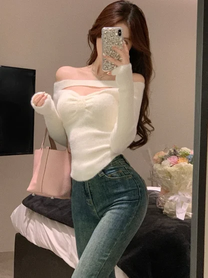 V-Neck Strap Off Shoulder Sweater - Image 5