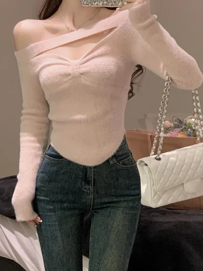 V-Neck Strap Off Shoulder Sweater