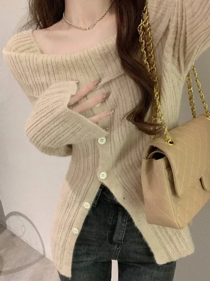 Sexy Button-Down Off Shoulder Sweater - Image 2
