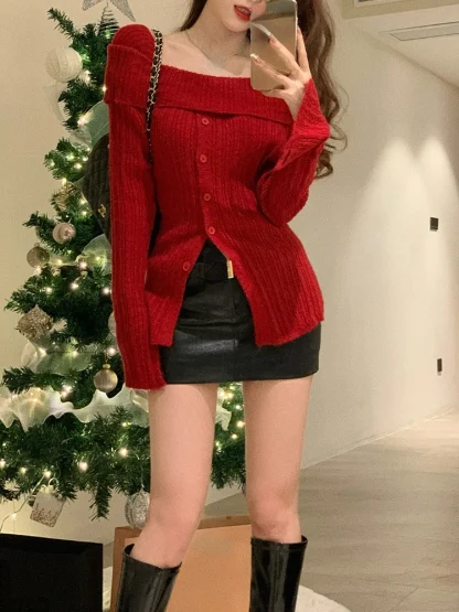 Sexy Button-Down Off Shoulder Sweater - Image 6