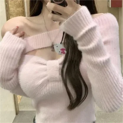 Pleated Off Shoulder Sweater Tops - Image 2