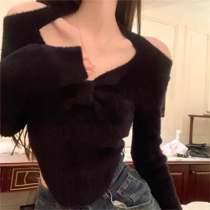 Pleated Off Shoulder Sweater Tops - Image 3