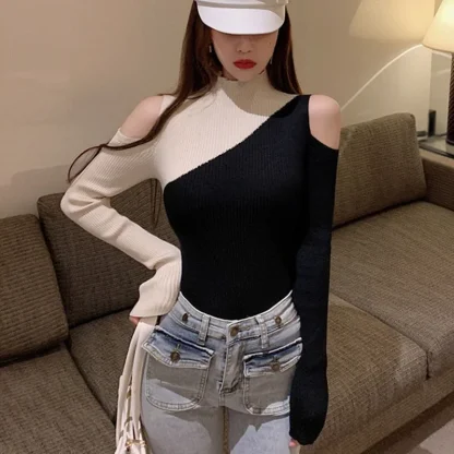 Knitted Colorblock Open Shoulder Sweater - Image 2