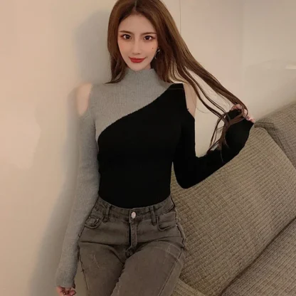 Knitted Colorblock Open Shoulder Sweater - Image 4