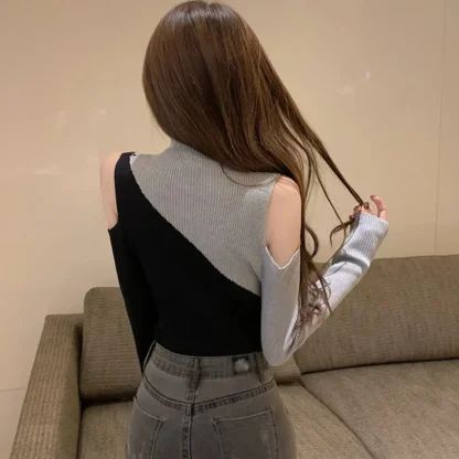 Knitted Colorblock Open Shoulder Sweater - Image 6