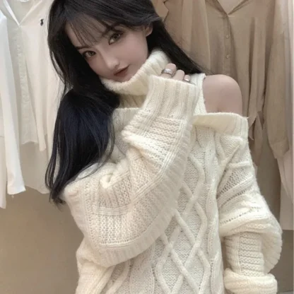 Cold Shoulder Knitted Turtleneck Sweater - Image 3
