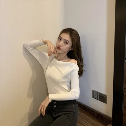Slim Asymmetric Off Shoulder Sweater - Image 5
