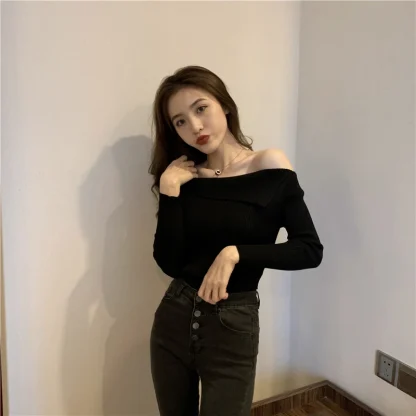 Slim Asymmetric Off Shoulder Sweater - Image 6