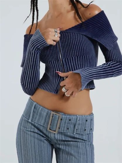 Zip-Up Off Shoulder Sweater Tops - Image 3