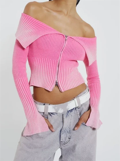 Zip-Up Off Shoulder Sweater Tops - Image 4