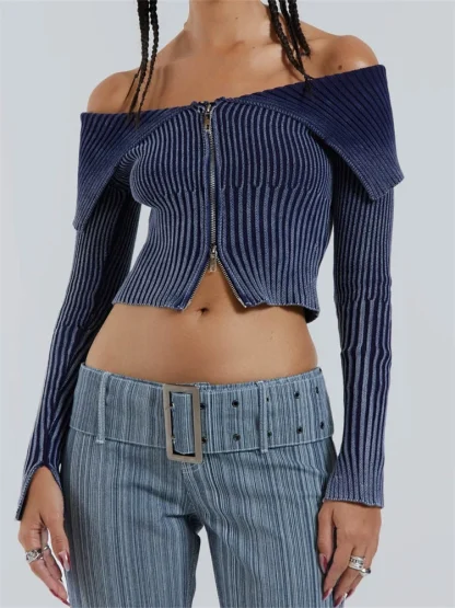 Zip-Up Off Shoulder Sweater Tops