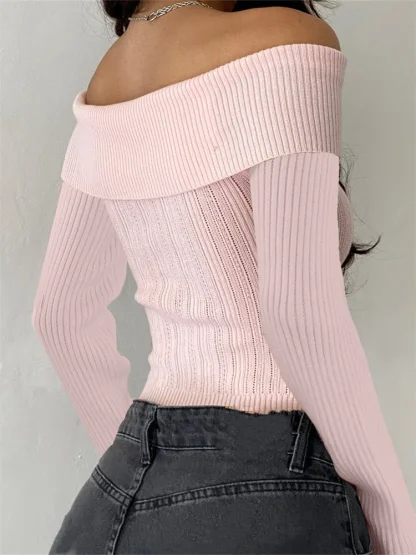 Knitted Flower Off Shoulder Sweater - Image 3