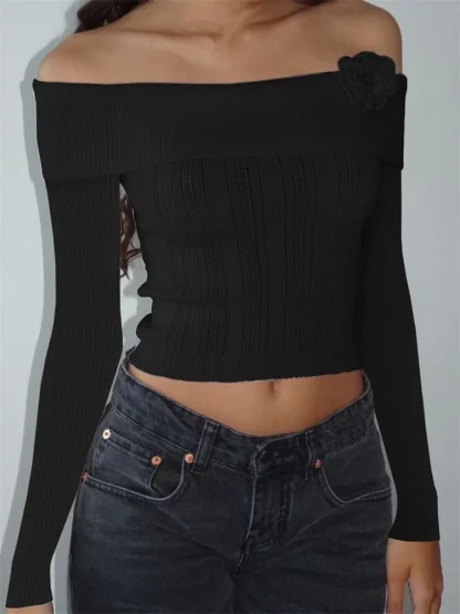 Knitted Flower Off Shoulder Sweater - Image 4