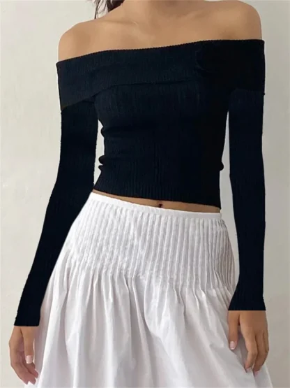 Knitted Flower Off Shoulder Sweater - Image 6