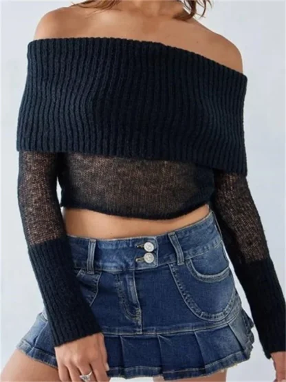 See-Through Cropped Off Shoulder Sweater - Image 3
