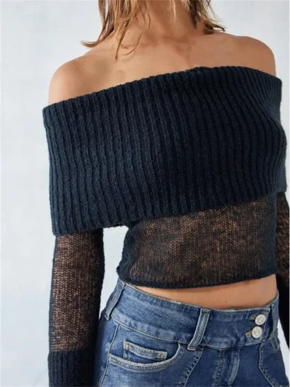 See-Through Cropped Off Shoulder Sweater - Image 4