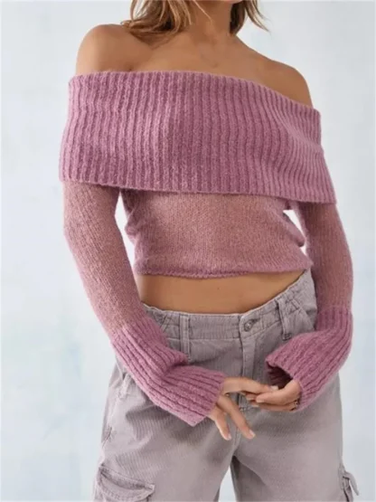 See-Through Cropped Off Shoulder Sweater - Image 5