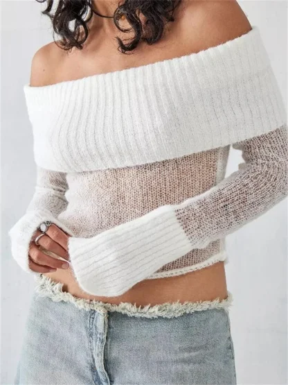 See-Through Cropped Off Shoulder Sweater