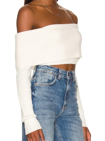 Off Shoulder Sweater Cropped Tops - Image 2