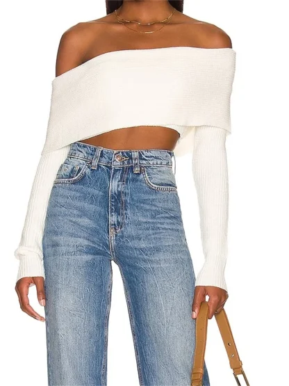 Off Shoulder Sweater Cropped Tops - Image 3