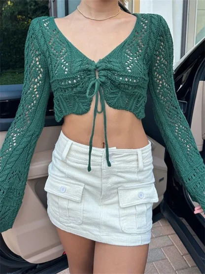 Hollow Out Cardigan Sweater Tops - Image 3