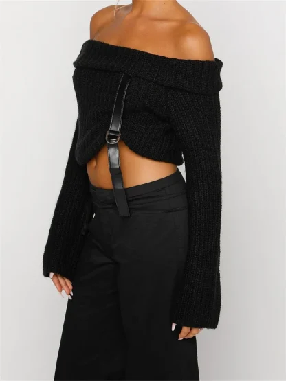 Belted Cropped Off Shoulder Sweater - Image 2