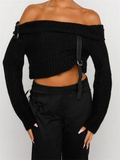 Belted Cropped Off Shoulder Sweater