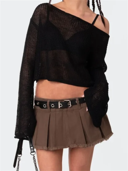 See-Through Off Shoulder Sweater Tops - Image 2