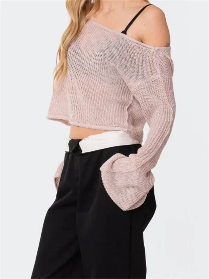 See-Through Off Shoulder Sweater Tops - Image 4