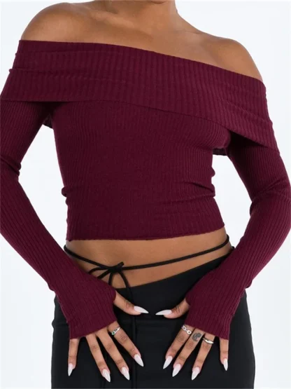 Thumb Hole Off Shoulder Sweater - Image 5
