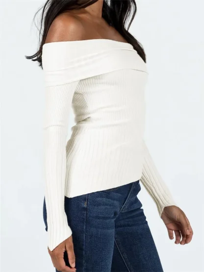 Asymmetric Hem Off Shoulder Sweater - Image 2