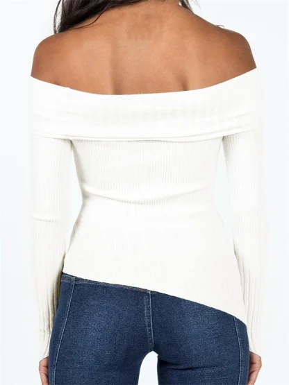 Asymmetric Hem Off Shoulder Sweater - Image 3