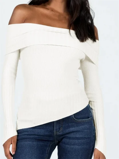 Asymmetric Hem Off Shoulder Sweater - Image 4