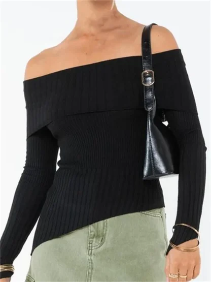 Asymmetric Hem Off Shoulder Sweater - Image 5