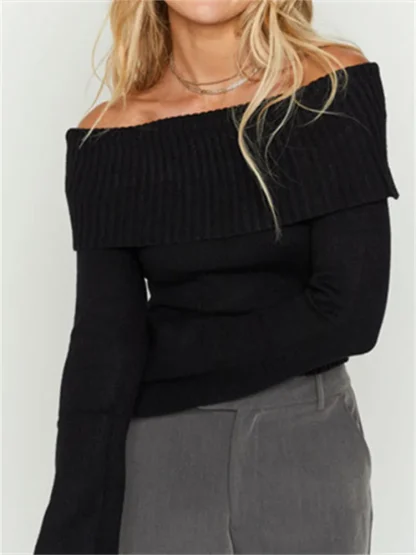 Flared Off Shoulder Sweater Tops - Image 2
