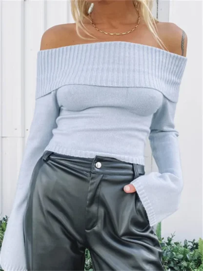 Flared Off Shoulder Sweater Tops - Image 4