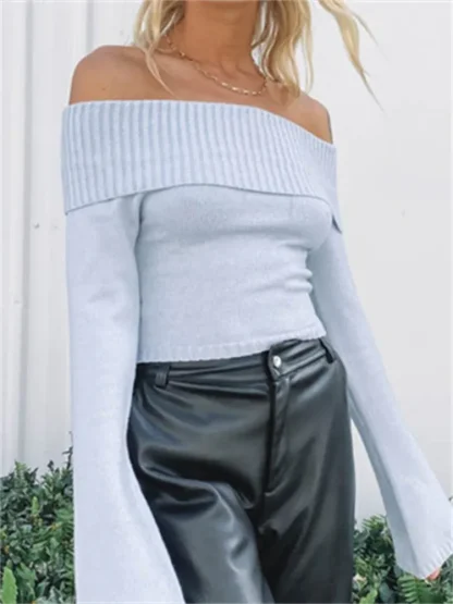 Flared Off Shoulder Sweater Tops - Image 5