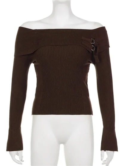 Belted Off Shoulder Sweater Tops - Image 2