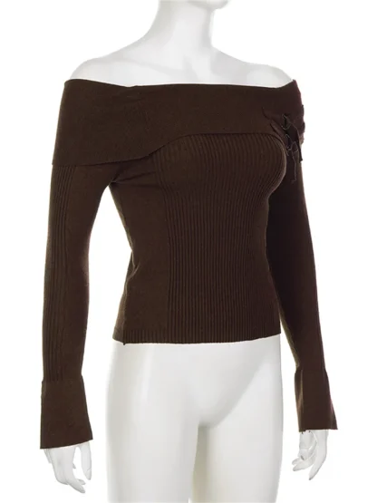 Belted Off Shoulder Sweater Tops - Image 3