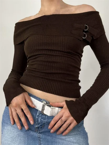 Belted Off Shoulder Sweater Tops