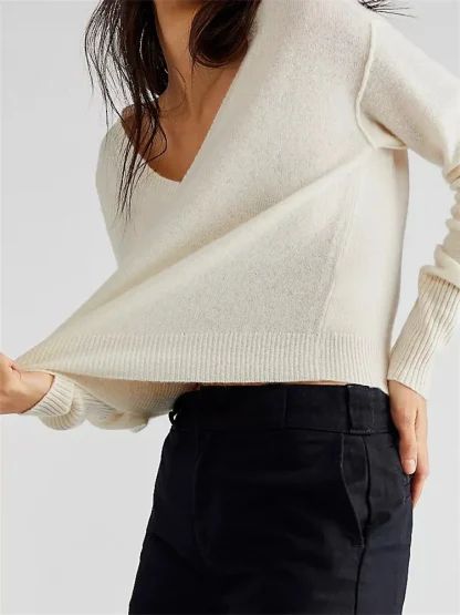 V-Neck Solid Off Shoulder Sweater - Image 4