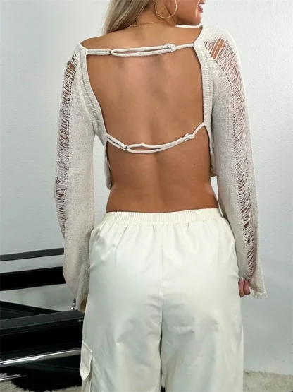 Ripped Crop Off Shoulder Sweater - Image 2