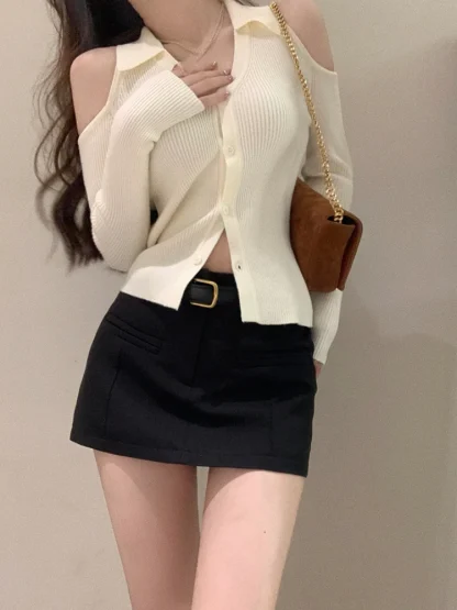 V-Neck Colar Cold Shoulder Sweater - Image 3