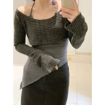 Gray Cropped Off Shoulder Sweater - Image 2