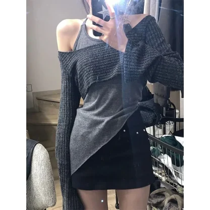 Gray Cropped Off Shoulder Sweater - Image 3