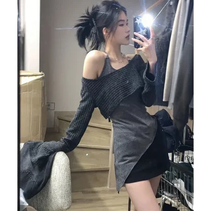 Gray Cropped Off Shoulder Sweater - Image 4